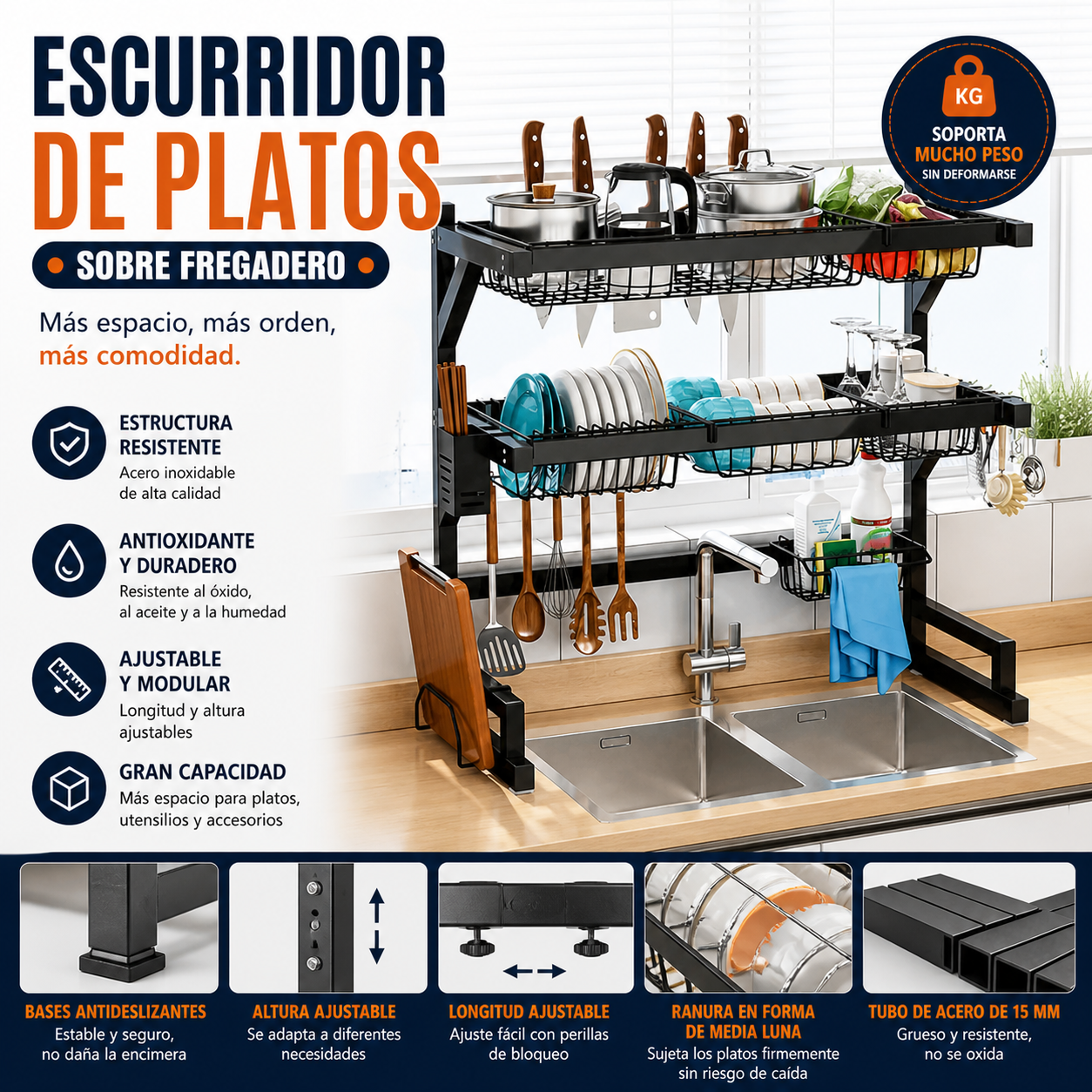 Rack escurridor 3 niveles sobre bacha